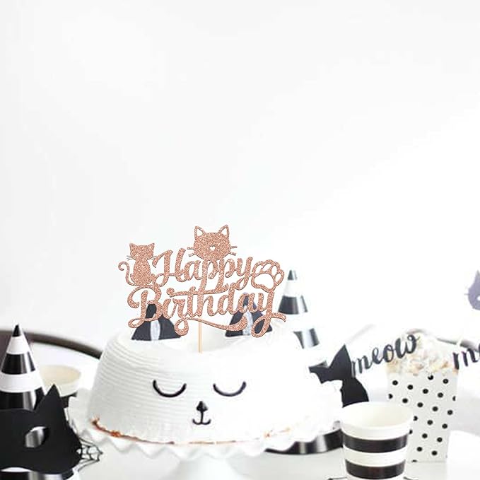 1 Pack Cat Happy Birthday Cake Topper Glitter Black Lovely Cat Cupcake Food Picks Cat Lover Kitten Pet Theme Baby Shower Kids Birthday Wedding Party Cake Decoration Supplies Rose Gold