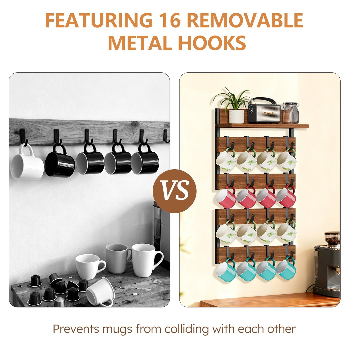 Dhmkfly 2-in-1 Coffee Cup Holder Wall Mounted with 16 Adjustable Hooks