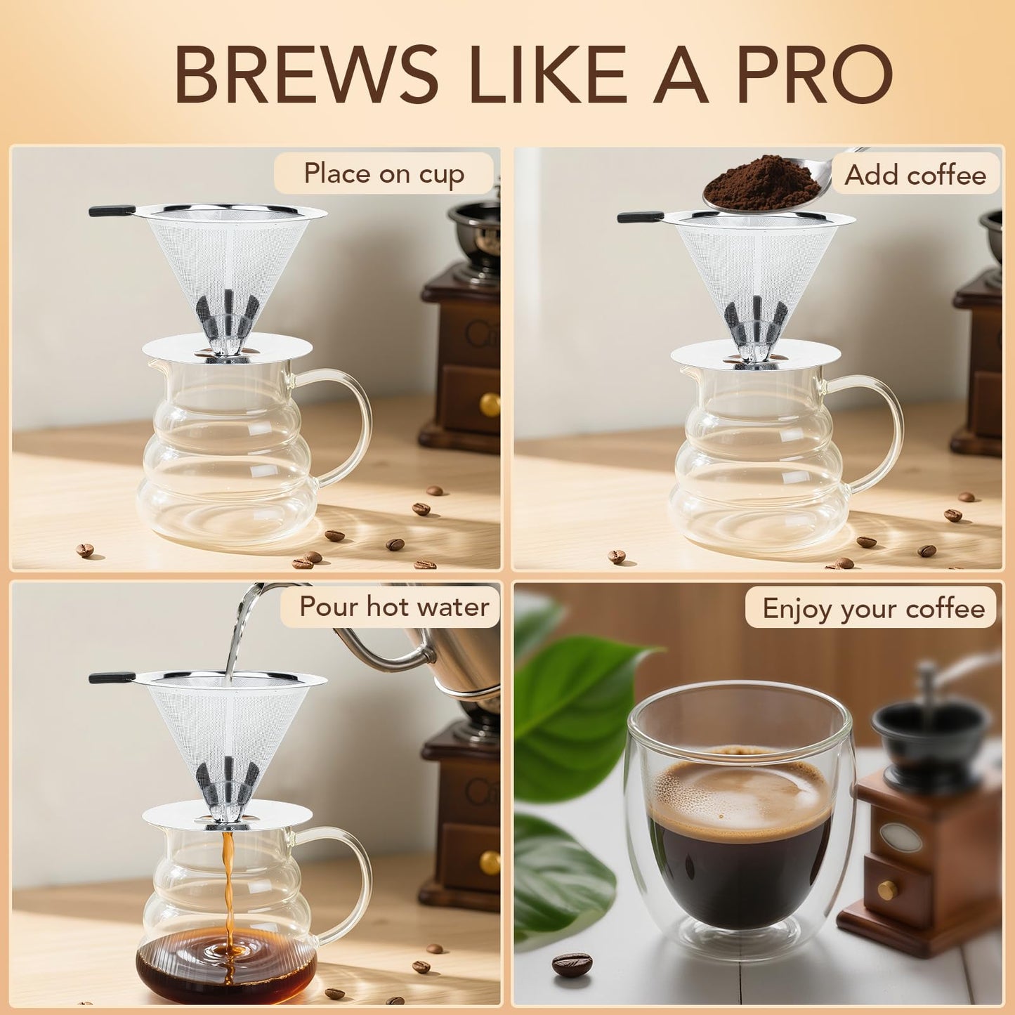 Premium Pour Over Coffee Dripper with Reusable Stainless Steel Filter – Portable, Easy Clean Coffee
