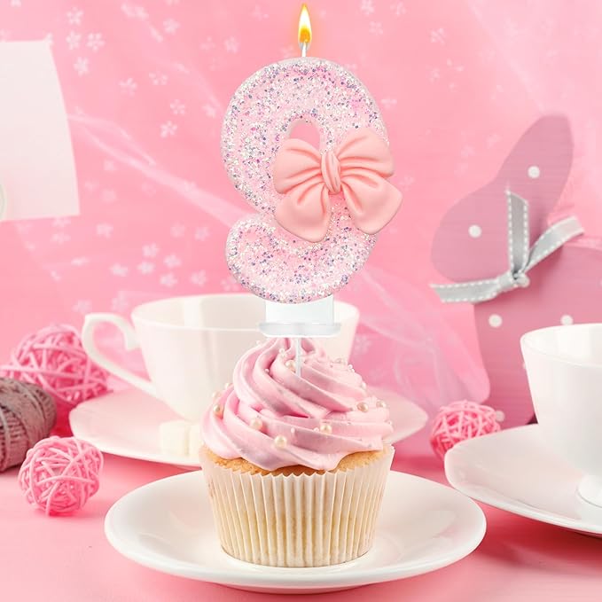 Pink Glitter Bow Birthday Candles, Number 9, Smokeless, Eco-friendly, Non-toxic