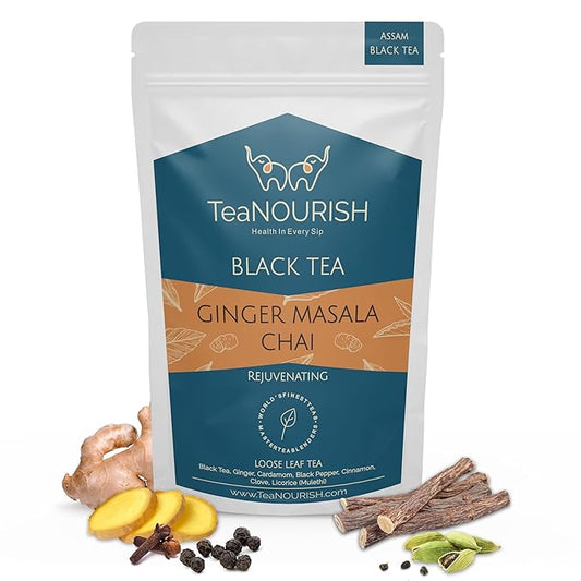 TeaNOURISH Ginger Masala Chai Tea | Assam CTC Loose Black Tea | Blended with Authentic Indian Spices | Indian Ginger Tea | 100% NATURAL INGREDIENTS - 3.53oz/100g