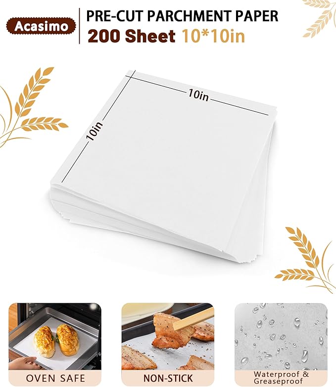 200PCS Parchment Paper Sheets, 10x10in, Squares Baking Paper for Baking, Air Fryer, Steaming, Grilling, Roasting, Wrapping, Precut Non-Stick Square Pan Liners, Oven Paper for Bread (White, 10x10 in)