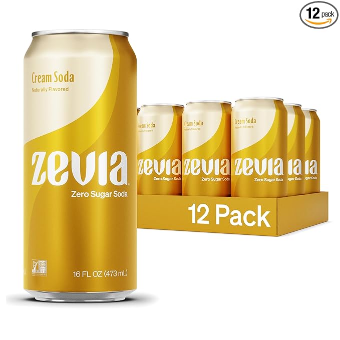 Zevia Zero Sugar Soda, Cream Soda, 16 oz Cans (12-Pack) ??Naturally Sweetened, Non-GMO Project Verified, Gluten-Free, Vegan
