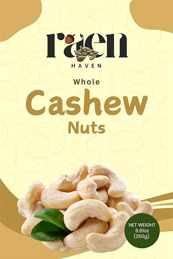 RAEN HAVEN Whole Cashew Nuts - 8.82 oz (250gm)??Organic, Crunchy Snack, Freshly Packed, High in Protein ??Great for Snacking or Gifting - Pack of 1