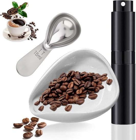Coffee Bean Dosing Cup and Spray Bottle Set, Coffee Bar Espresso Accessories, Ceramic Dosing Vessel/Single Dose Measuring Tray with Stainless steel spoon For Coffee or Tea, Coffee Lover Gifts
