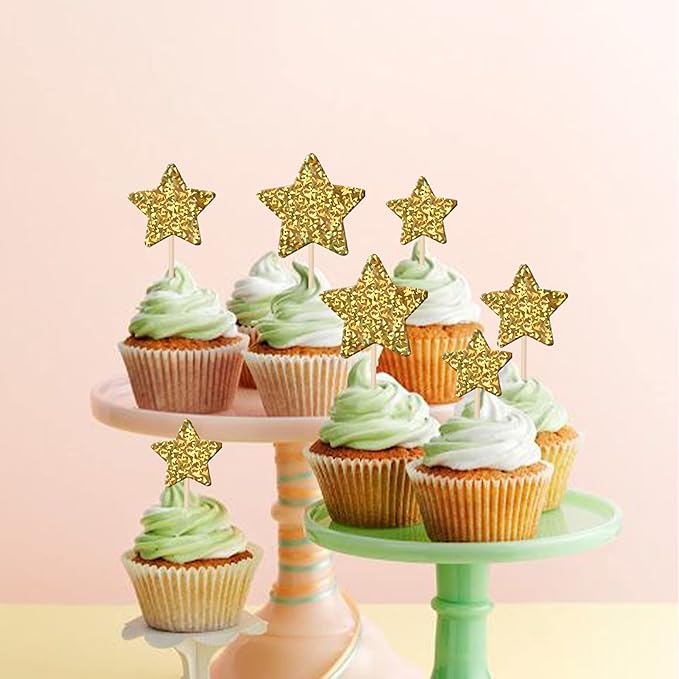 30 PCS Gold Little Star Cupcake Toppers Glitter Twinkle Star Cupcake Picks Baby Shower Cake Decorations for Wedding Engagement Bridal Shower Kids Birthday Party Supplies Mixed Size