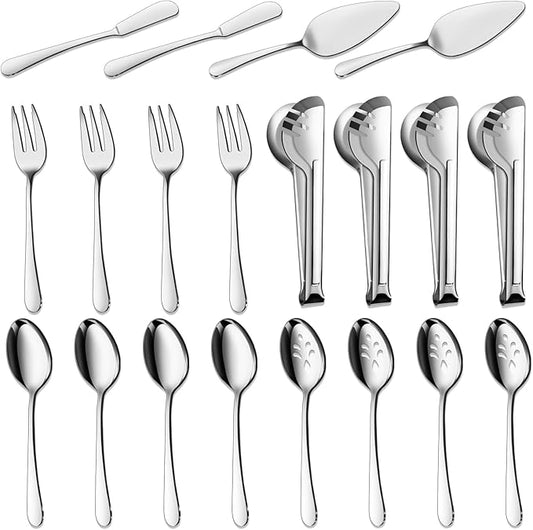 BEWOS Serving Utensils, 20-Piece Large Serving set, Serving Spoons, Slotted Spoons, Serving Tongs & Forks, Cake Server, Butter Knife, Stainless Steel Serving Utensils Set for Parties, Dishwasher Safe