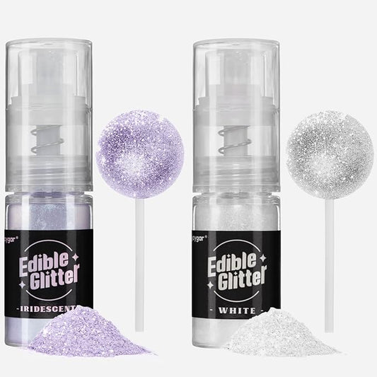 Sujoygar Edible Glitter Spray 2 Colors, White and Iridescent Edible Glitter for Cocktails, Shimmer Powder Luster Dust Edible for Cake Drink Strawberrie Cupcake Cookies Wedding Baking Decoretion, Vegan(5g/Bottle)