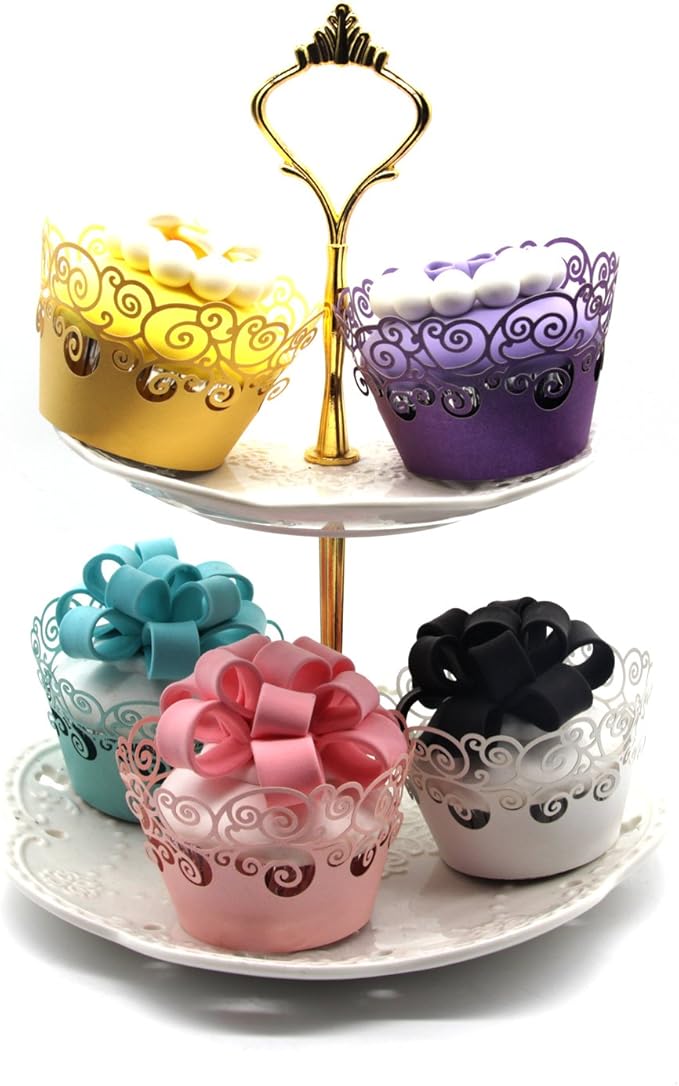 KPOSIYA Cupcake Wrappers 100 Pack Cupcake Wraps in 5 Colors Filigree Artistic Bake Cake Paper Cup Little Vine Laser Cut Liner Baking Cups Holder for Wedding Party Birthday Decoration (Style 2)