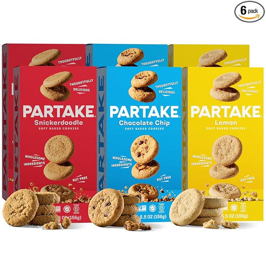 Partake Gluten Free Soft Baked Cookies Variety Pack (Chocolate Chip, Lemon & Snickerdoodle) - Vegan - Free From the Top 9 Allergens Including Dairy, Wheat, Soy, Eggs, & Peanuts - Non GMO - Safe School & Office Snack (6 Pack, 5.5oz Boxes)