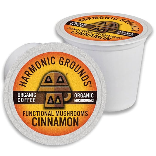 Harmonic Grounds Organic Mushroom Coffee Pods - Cinnamon Flavored Medium Roast with Lion's Mane, Reishi, Chaga, Cordyceps & Turkey Tail - Compatible with Keurig K-Cup Brewers - 34 Count