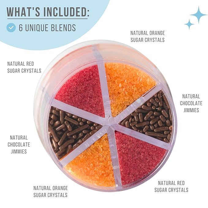 Sweets Indeed Natural Fall Sprinkles 6-Cell Jar ??2.75 oz | Dye-Free Chocolate Jimmies & Red & Orange Sanding Sugars | Autumn & Thanksgiving Cupcake & Cookie Decorations