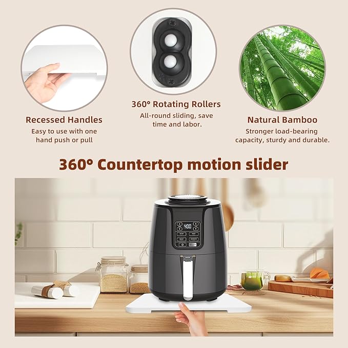 360째 Rolling Tray Bamboo Appliance Slider for Kitchen Appliances, Coffee Maker Mat Tray for Countertops Sliding Tray for Coffee Maker Appliances Mat Easily from Under The Cabinet White 11.6횞13.9