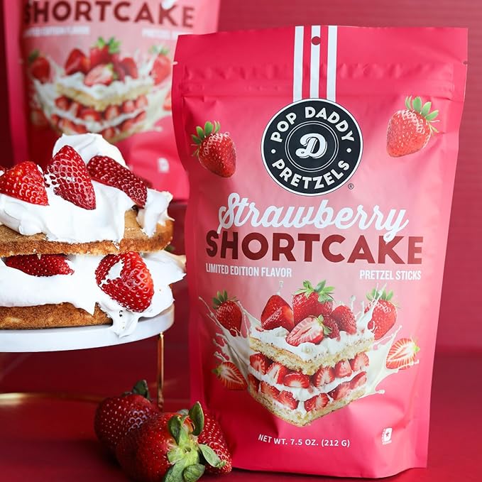 Pop Daddy Flavored Pretzels Sticks, Healthy Gourmet Pretzels Snacks, 7.5oz Individual Bags, 3 Pack, Strawberry Shortcake