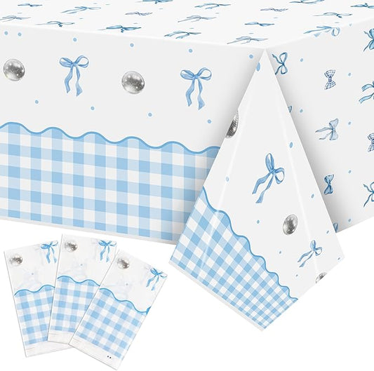Coquette Blue Bow Party Tablecloths - 3Pcs Watercolor Blue Bow Birthday Table Cover, Disposable Plastic Rectangular Table Cloth Party Decorations for Birthday Baby Shower Wedding Supplies