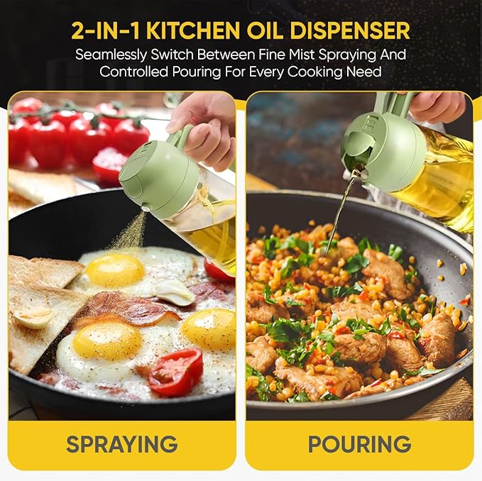 2-in-1 Olive Oil Dispenser Bottle, Spray and Pour, Multi-Use Kitchen Gadget, Food-Grade, Salad Dressing, Air Fryer, Healthy, BBQ, Barbecue (Green)