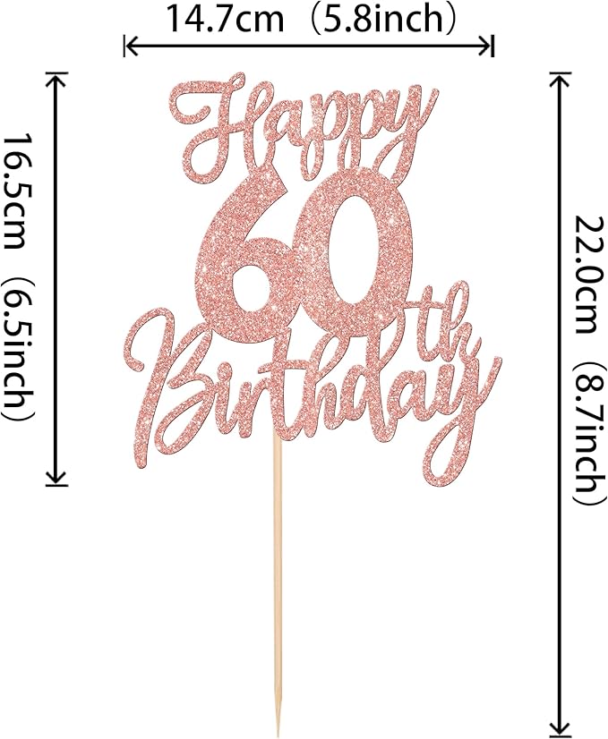 1 PCS Happy 60th Birthday Cake Topper Glitter Cheers to 60 Years Birthday Cake Pick Sixty Hello 60 Fabulous Cake Decoration for Happy 60th Birthday Anniversary Party Supplies Rose Gold