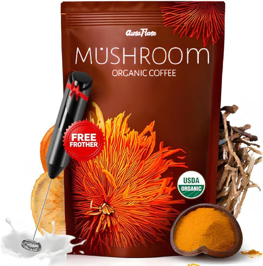 AuraFlare Organic Mushroom Coffee with 7 Adaptogens | USDA Organic Instant Coffee for Energy, Focus, Digestion, Immunity | Cordyceps, Reishi, Lion’s Mane | 30 Servings (1 Pack) + FREE FROTHER