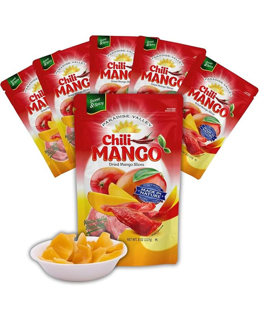Dried Mango Slices - Delicious Texture Soft & Juicy Low Sugar Added Dried Mango - Naturally Ripened Mangos Dried Fruits - Gluten Free Dry Mangoes Natural Source of Vitamin C, Fiber, (8 oz chili 6 Pack)
