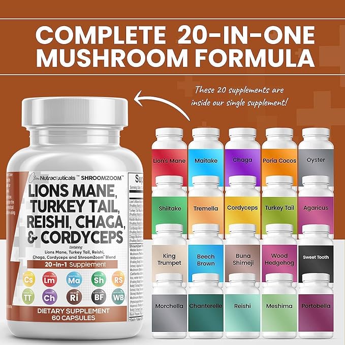 Clean Nutraceuticals Lions Mane 20in1 Mushroom Supplement with Turkey Tail Reishi Cordyceps Chaga Maitake Meshima Poria Cocos Shiitake Oyster Porcini Enoki - 1 Pack