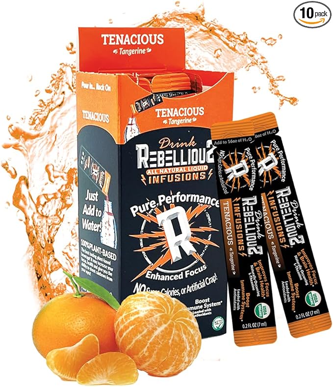 Rebellious Tenacious Tangerine Organic Drink Mix ??Zero Calorie Energy Drink Mix | Monk Fruit & Green Tea Extract | L-Theanine + Natural Caffeine | 100% Plant-Based | Pack of 10 | Keto,Gluten-Free