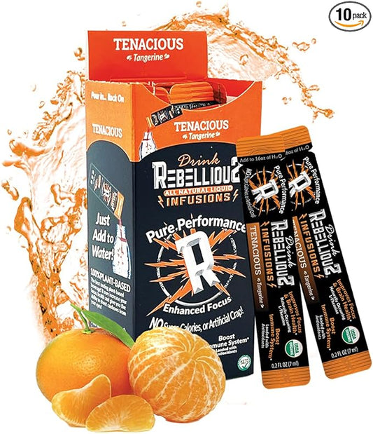 Rebellious Tenacious Tangerine Organic Drink Mix ??Zero Calorie Energy Drink Mix | Monk Fruit & Green Tea Extract | L-Theanine + Natural Caffeine | 100% Plant-Based | Pack of 10 | Keto,Gluten-Free