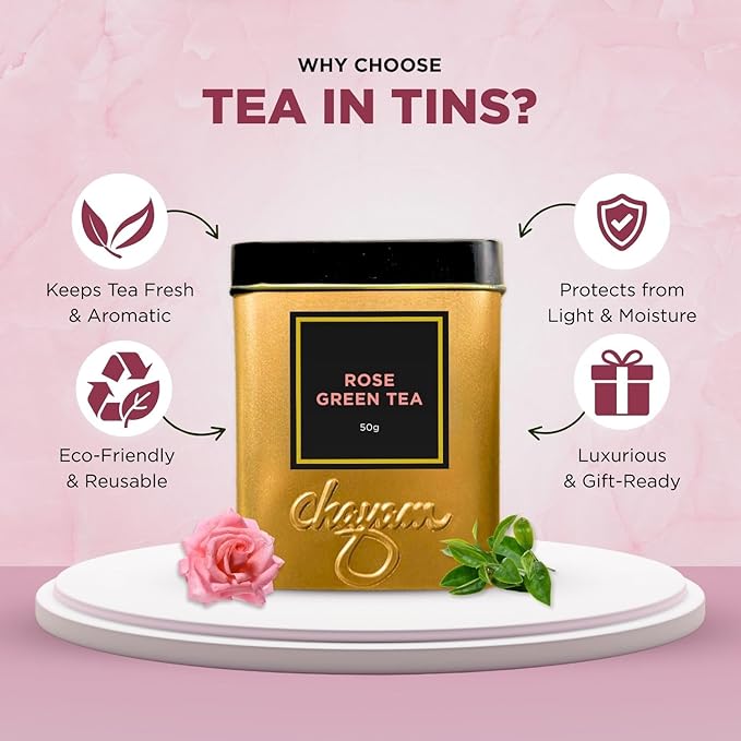 CHAYAM Rose Green Tea - 50g/1.77oz | Premium Floral Tea Tin | Whole Leaf Green Tea and Dried Rose Petals For Healthy Tea | 100% Natural Ingredients with No Sugar & Zero Calories - Pack of 1