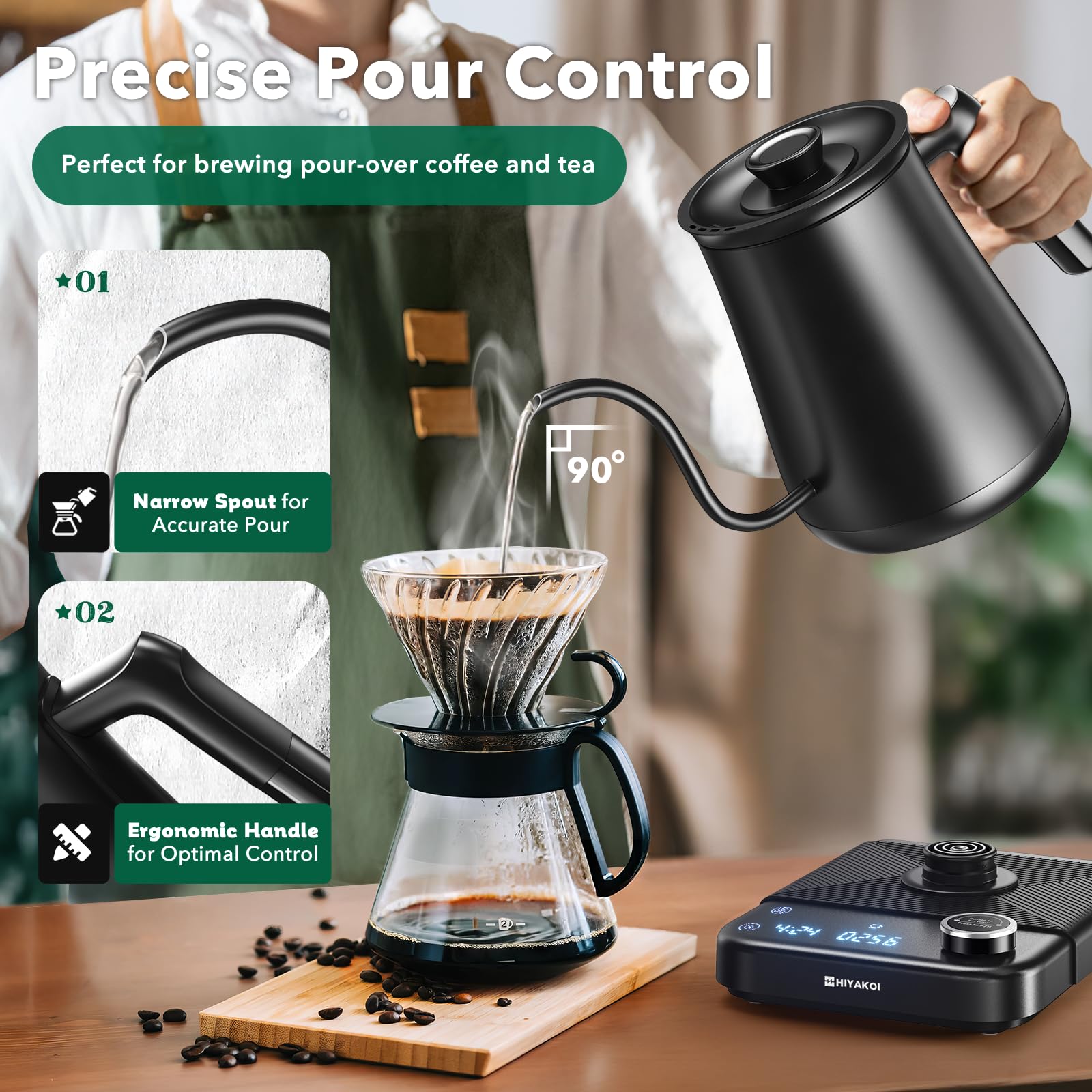 Gooseneck Electric Kettle HIYAKOI with ±1℉ Temperature Control, Pour Over Kettle for Coffee & Tea