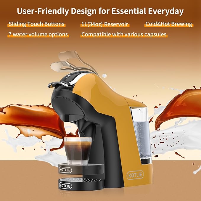 KOTLIE Espresso 5in1 Single Serve Coffee Maker, 19Bar Cappuccino&Latte Maker, Cold&Hot Brewing Coffee Machine for K*cup/NES*presso Original/D*olce G*usto/Ground Coffee/44mm ESE(Yellow)