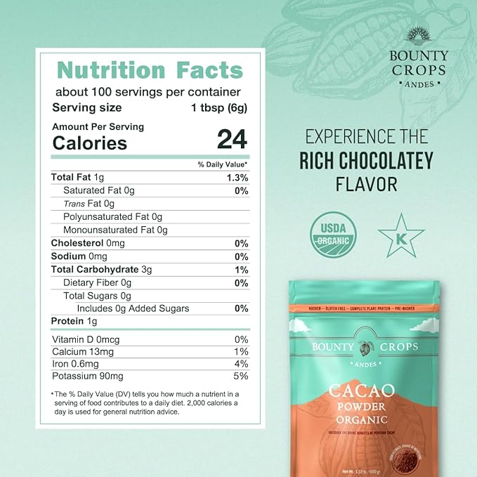 Bounty Crops Organic Cacao Powder (1.3 lb, 21 oz, 600 gr), Unsweetened Cacao with Dark Chocolate Flavor, Fruit Notes, Certified Organic, Non GMO, Gluten Free and Vegan