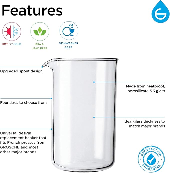 GROSCHE Borosilicate 3.3 Glass Universal Replacement Beaker for French Press Coffee and Tea Makers - Enhanced Coffee and Tea Brewing Experience (34.oz - Medium)