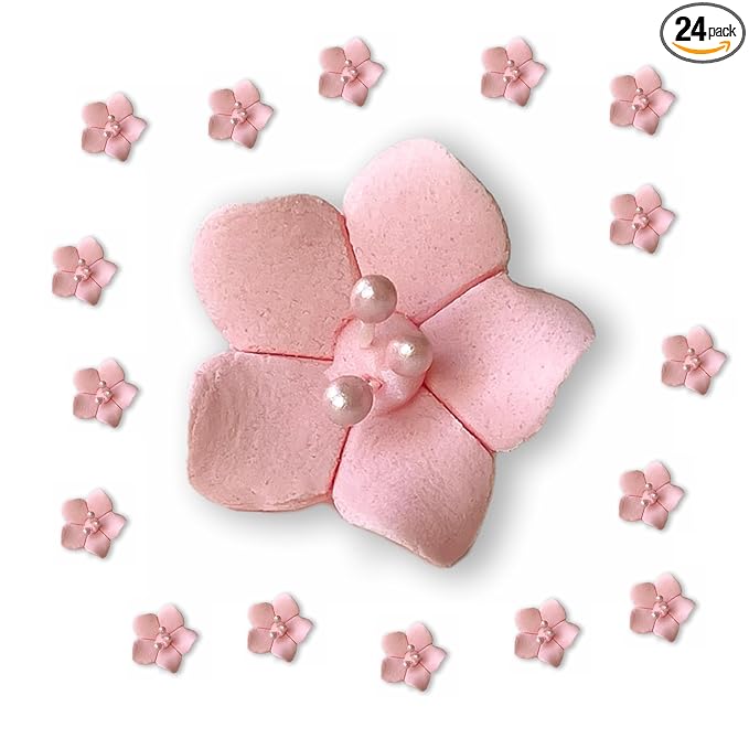 Global Sugar Art Blossom Sugar Cake Flowers with Pearl Stamens, Pink Unwired, 24 Count by Chef Alan Tetreault