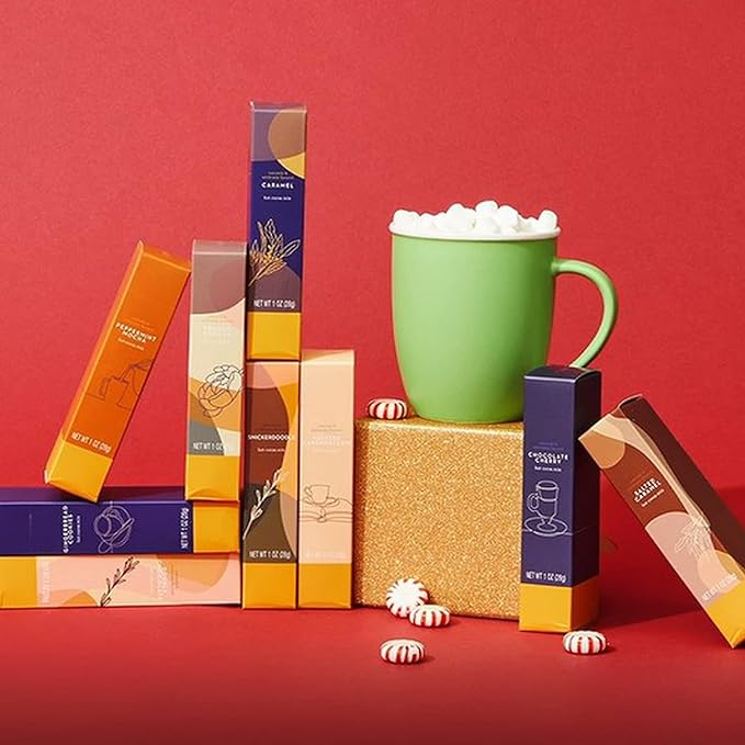 Gourmet Hot Chocolate Gift Set, Flavors Include Salted Caramel, Peppermint, French Vanilla and More, Packaged in Gift Box with Bow, Set of 9