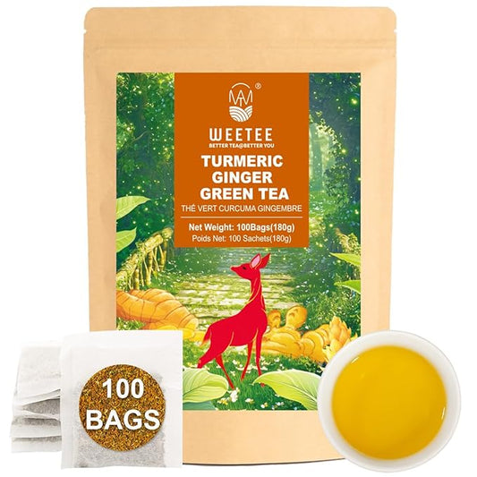 WT WEETEE Turmeric Ginger Green Tea Bags, 100 Count Made Turmeric, Ginger Root, Cinnamon and Honey Flavoring, Natural Caffeine-free Spice Tea