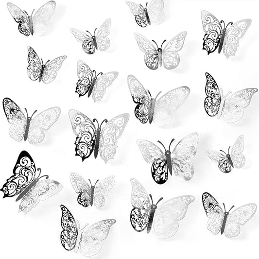 72 Pcs Silver Butterfly Decorations - 3 Sizes, 3 Styles, 3D Wall Decor for Parties, Birthdays & Crafts