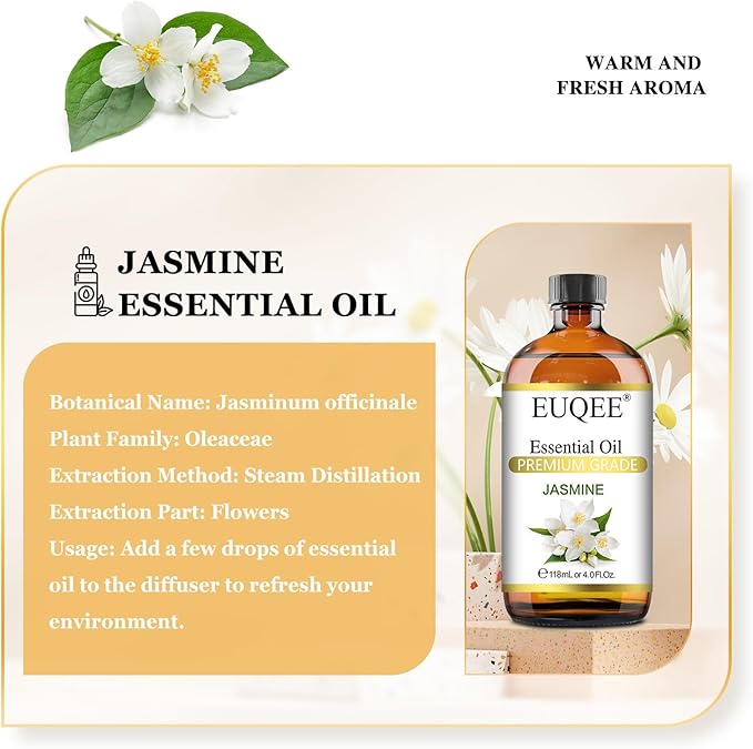 Jasmine Essential Oil 118ml Premium Jasmine Oil for Aromatherapy, Diffuser, DIY Soap, Candle Making - 4Fl Oz