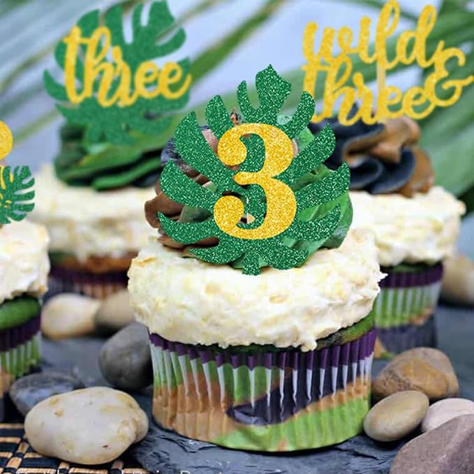 Safari Wild Three Cupcake Toppers Jungle 3rd Birthday Wild Theme Party Decoration Tropical Leaf Food Picks Gold 3