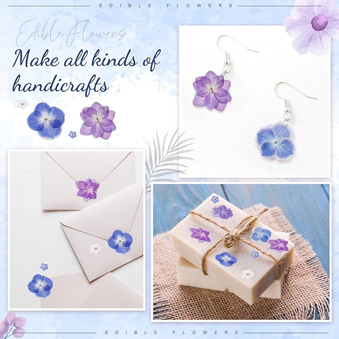 96 Pcs Natural Dried Pressed Edible Flowers for Cake Topper Decorating Cupcake Toppers Cocktails Resin Jewelry Making DIY Art Crafts(Blue,Flower Style)