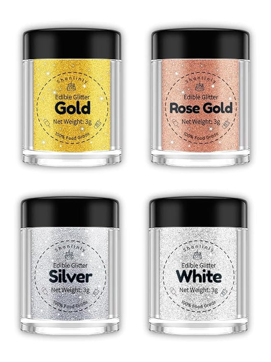Shanlinly Edible Glitter Set - 4 Colors Food Grade Edible Glitters for Cake Strawberries Drink Dust Shimmering Glitter, Vegan Metallic Food Coloring Sprinkle on Sparkle for Chocolates, Fondant Pops