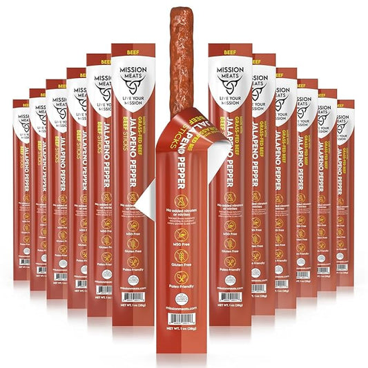 Mission Meats Beef Sticks – 100% Grass Fed & Pasture Raised, Sugar Free, Individually Wrapped Healthy Snacks, Whole 30 & Paleo Friendly, Jalapeno 1oz (Pack of 24)