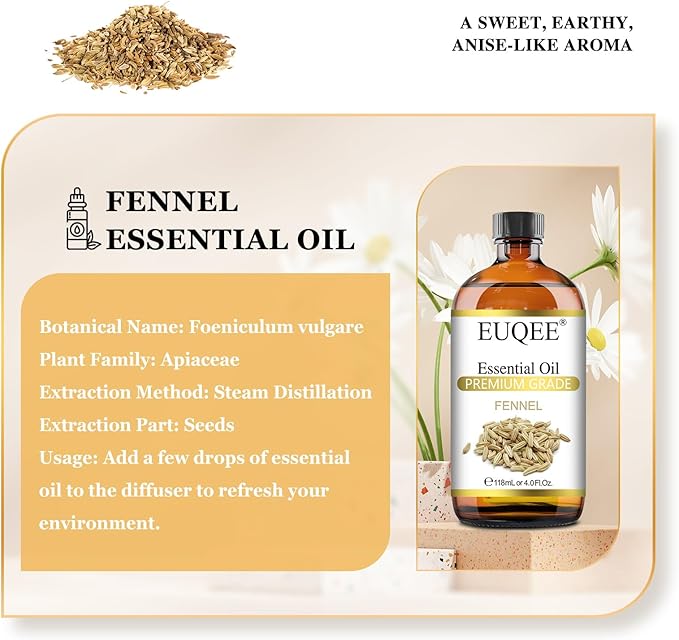 Fennel Essential Oil 4Fl.Oz Pure Fennel Oil with Glass Dropper for Skin, Aromatherapy, Diffuser, Soap Making, Candle Making - 118ml