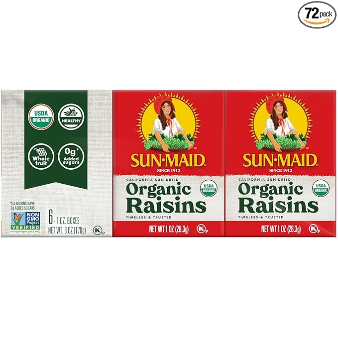 Sun-Maid Organic California Sun-Dried Raisins - (72 Pack) 1 oz Snack-Size Box - Dried Fruit Snack for Lunches and Back to School Snacks
