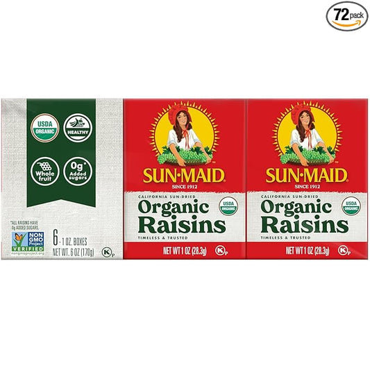 Sun-Maid Organic California Sun-Dried Raisins - (72 Pack) 1 oz Snack-Size Box - Dried Fruit Snack for Lunches and Back to School Snacks