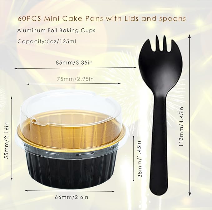 60 Pcs Mini Cake Pans with Lids,5oz Aluminum Foil Baking Cups Round Mini Disposable Ramekins 125ml Muffin Tin Ramekins Brownie Baking Cups, Dessert Cupcake Cups for Wedding Birthday Party
