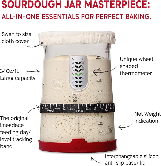 Sourdough Starter Kit ??34oz Starter Jar, 2 Cotton Rope Banneton Proofing Baskets, Magnetic Bread Lame for Scoring ??Gift for Bakers & Complete Sourdough Bread Baking Set