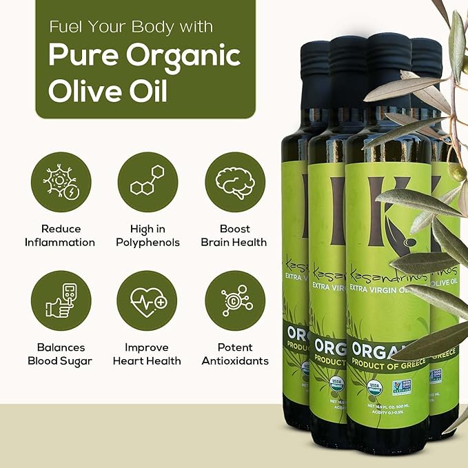 Kasandrinos Organic Olive Oil Extra Virgin, Polyphenol Rich Greek Olive Oil, 100% Organic First Cold Pressed, Mild + Delicate Flavor, Verified by Non GMO, 500 ml / 16.9 oz (Pack of 4)