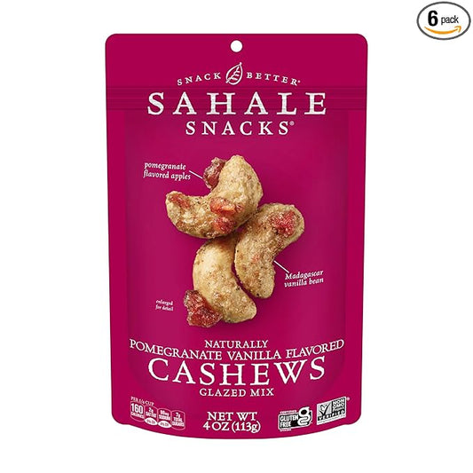 Sahale Snacks Pomegranate Vanilla Cashews, 4 oz Pouches (6 Packs) - Dry-Roasted Deluxe Mixed Nuts with Pomegranate Infused Apples & Madagascar Vanilla - Non-GMO, Kosher, & Certified Gluten-Free Snacks