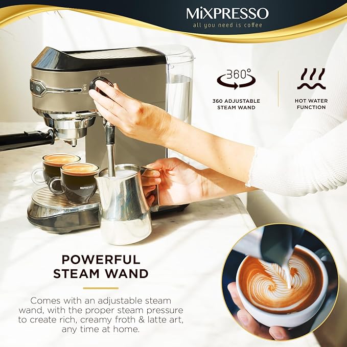 Mixpresso Professional Espresso Machine for Home 15 Bar with Milk Frother Steam Wand, Espresso Maker with Double-Cup Splitter 1450w Fast Heating, Cappuccino and Latte machine 37Oz Water Tank