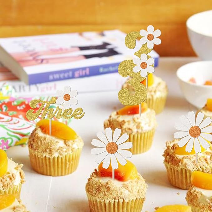 24 Pack 3rd Birthday Daisy Cupcake Toppers Glitter Three Daisy Cupcake Picks Spring Daisy Chrysanthemum Third Birthday Cupcake Decorations Kids birthday Party Supllies Gold