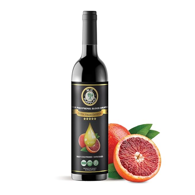M.G. PAPPAS High Polyphenol Rich Blood Orange-Infused Olive Oil Extra Virgin - Over 500mg/kg - Cold Pressed & Unfiltered - High Hydroxytyrosol Greek Olive Oil Award Winning - 12.7 Oz
